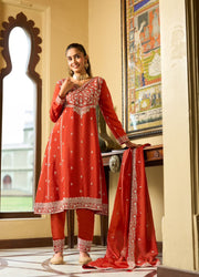 Sanika Vermilion Red Embroidered Kurti Pant Set with Dupatta