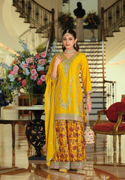 Eba R Sunshine Yellow Embroidered Kurti with Floral Palazzo Set