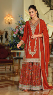 Eba R Rust Orange Embroidered Kurti with Printed Palazzo Set