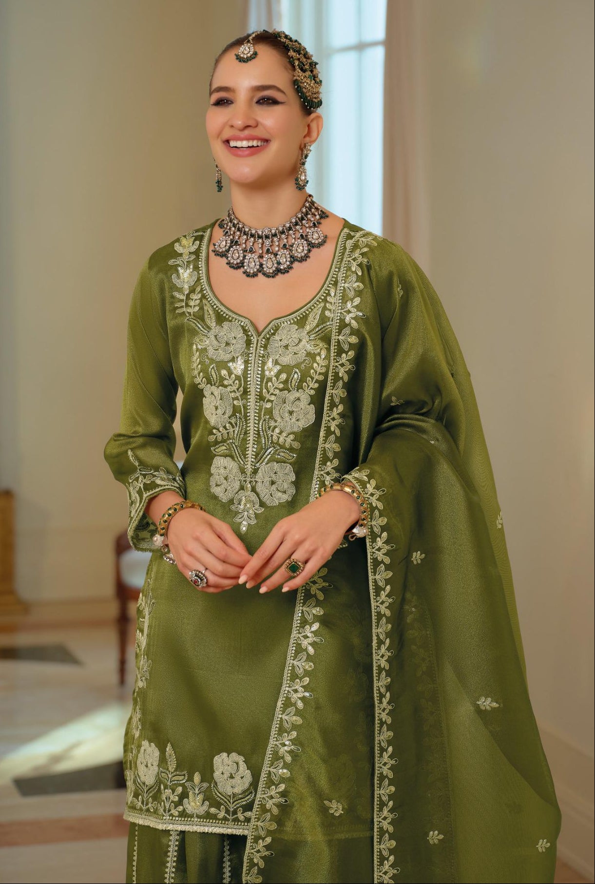 Eba N Olive Green Embroidered Designer Kurti Palazzo Set