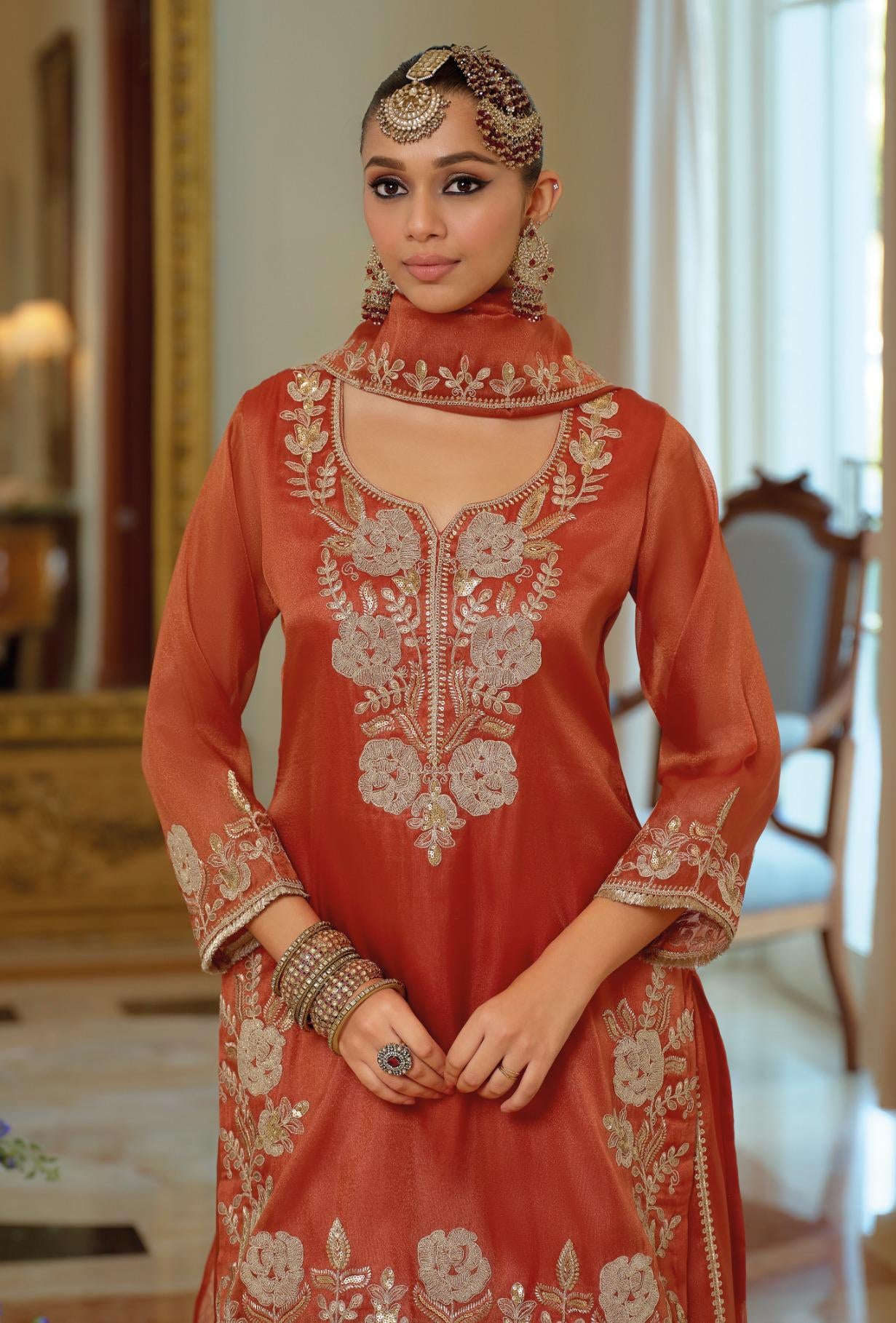 Eba N Rust Orange Embroidered Festive Kurti Palazzo Set
