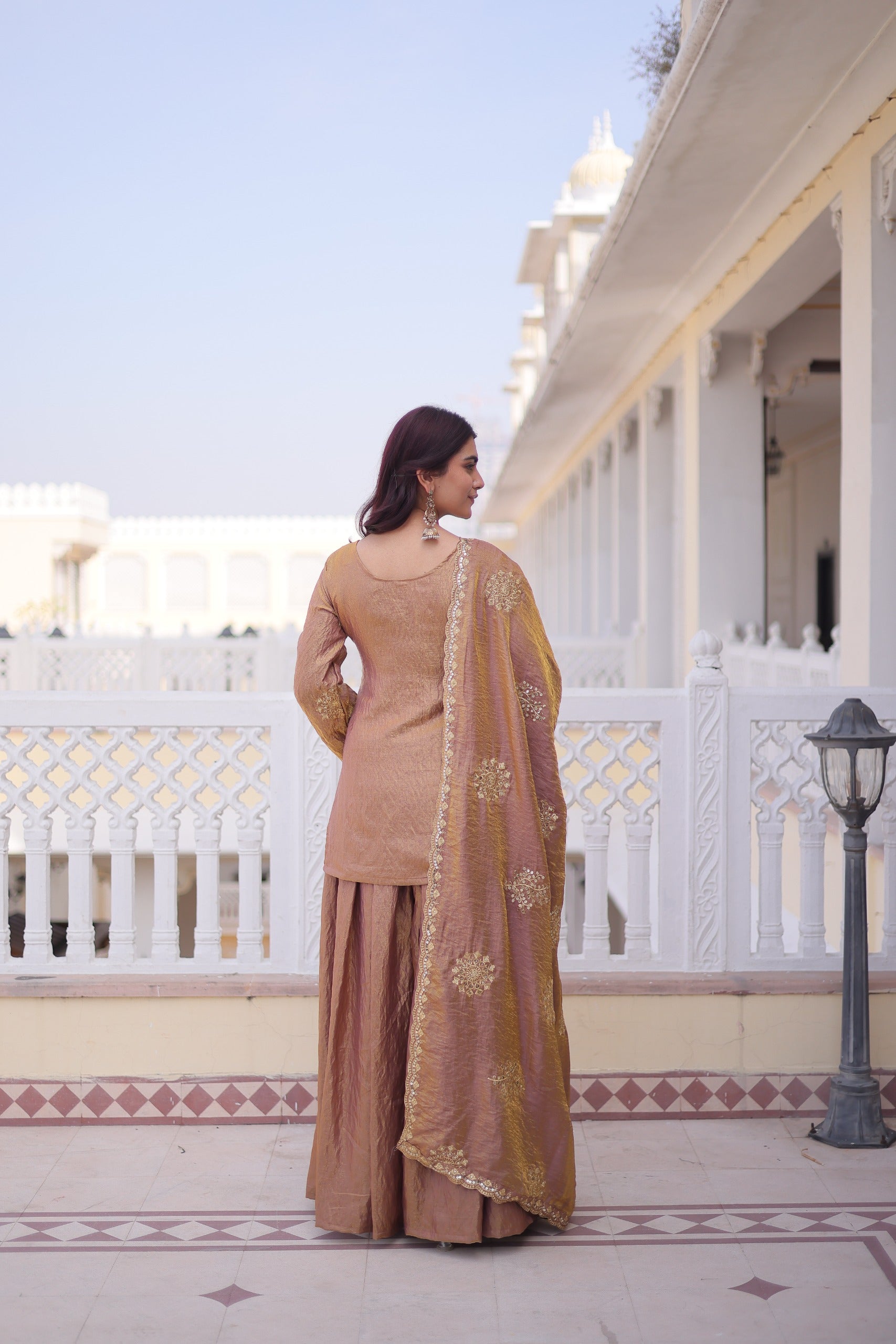 Copper Gold Brown Fendi Crush Zari Sequins Embroidered Kurti Sharara Set