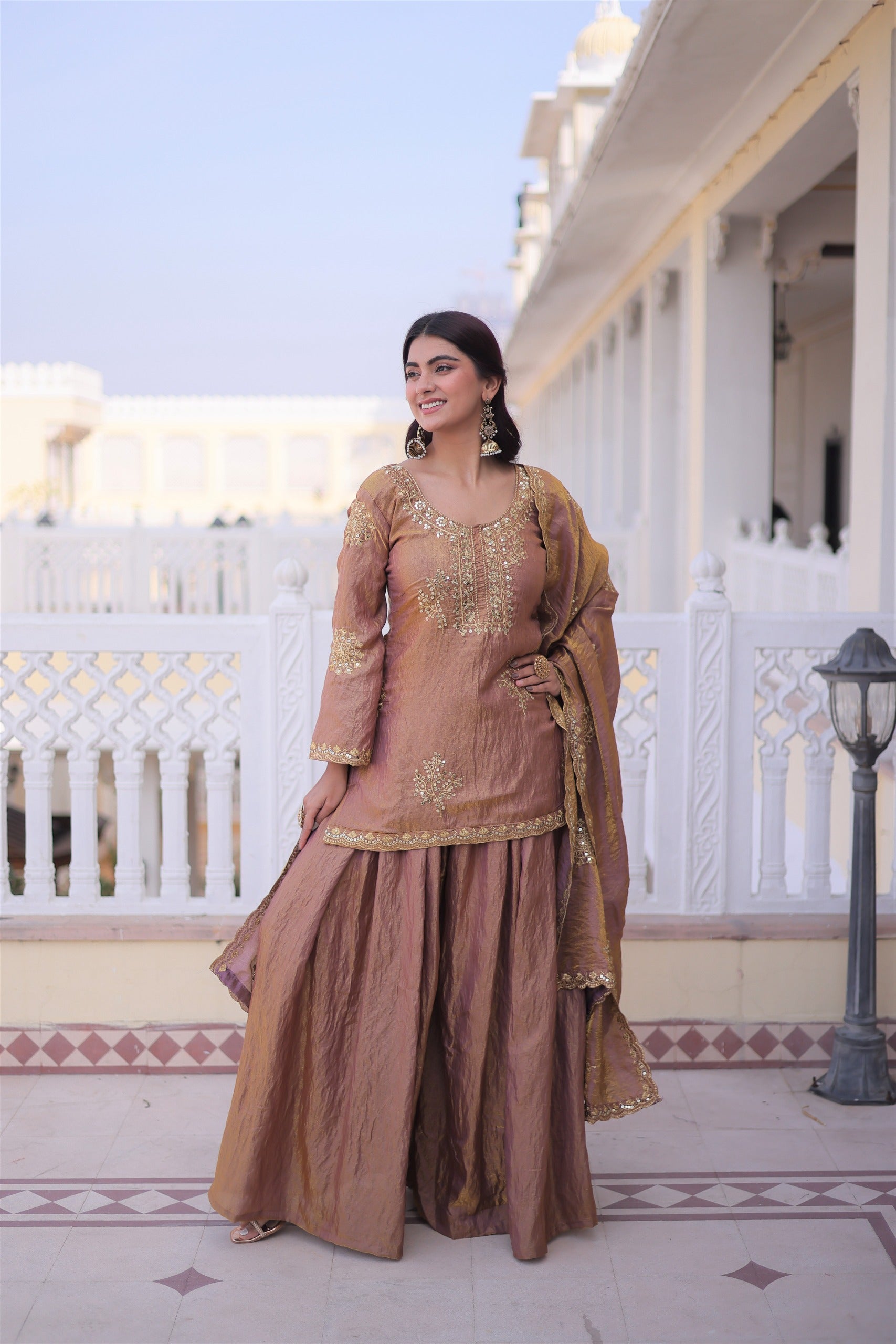 Copper Gold Brown Fendi Crush Zari Sequins Embroidered Kurti Sharara Set