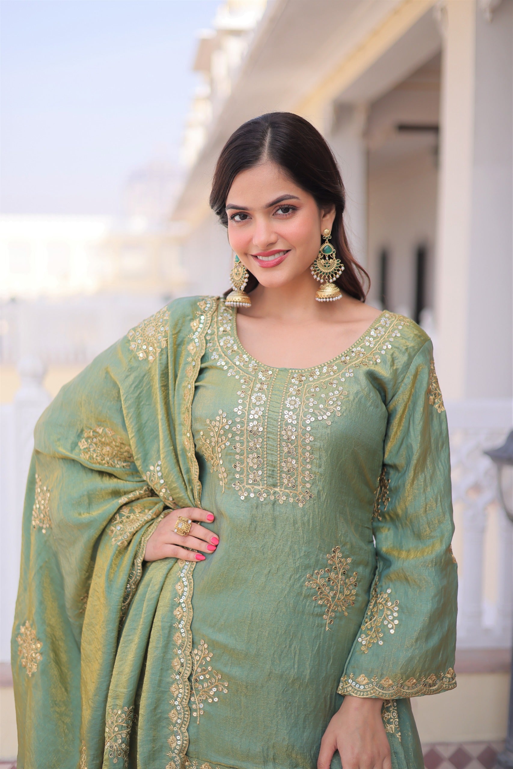 Sage Green Fendi Crush Zari Sequins Embroidered Kurti Sharara Set