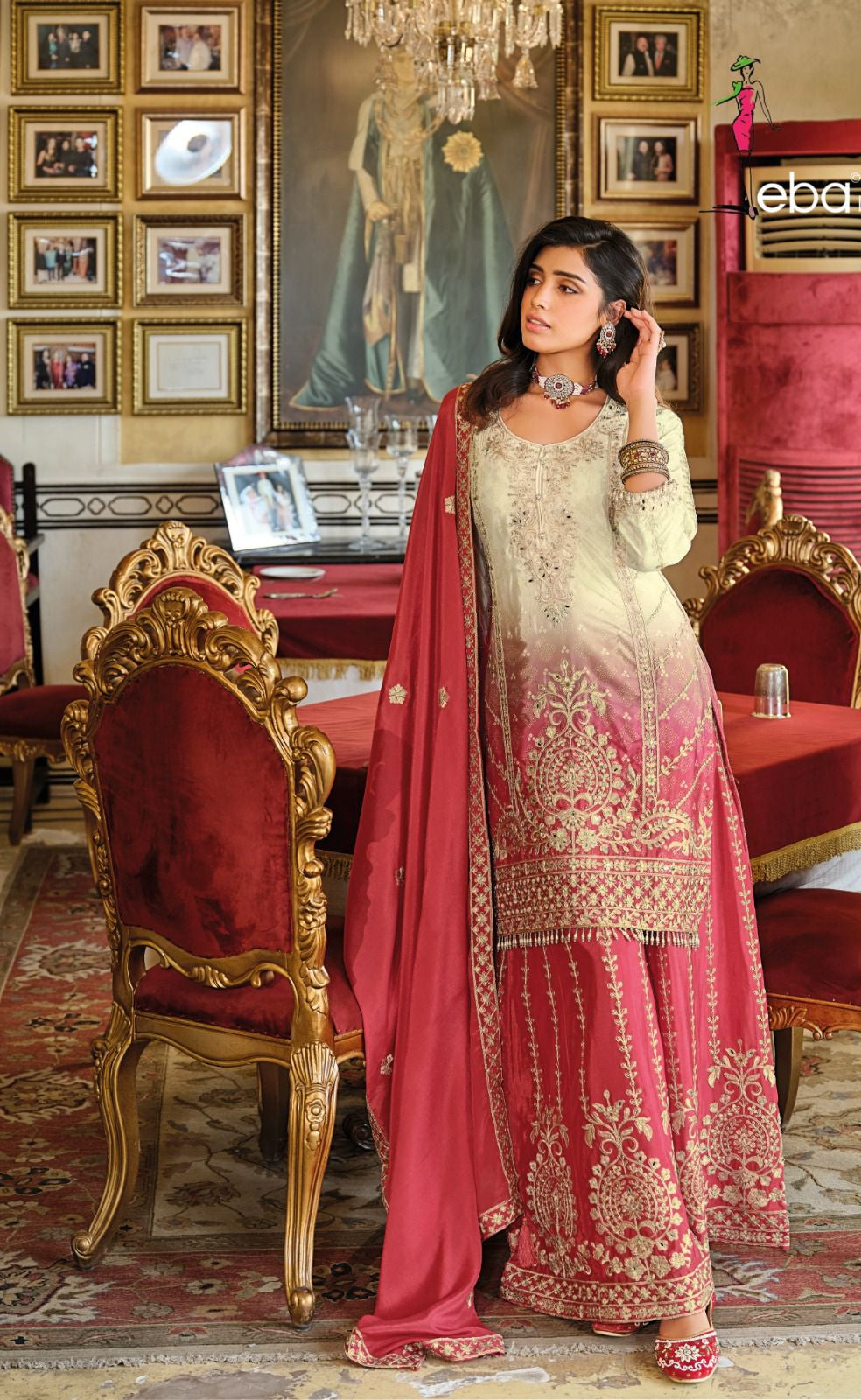 Eba RG Coral Pink Ombre Embroidered Kurti Palazzo Set