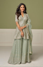 Gulkayra A Mint Green Embroidered Peplum Kurti Sharara Set