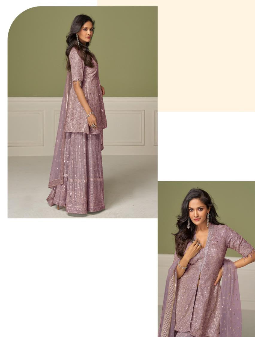 Gulkayra A Dusty Rose Embroidered Peplum Kurti Sharara Set