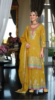 Eba M Mustard Gold Embroidered Festive Kurti Palazzo Set