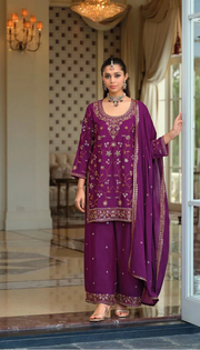 Eba T Royal Plum Embroidered Kurti Palazzo Set