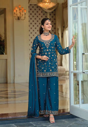 Eba T Teal Blue Floral Embroidered Kurti Palazzo Set