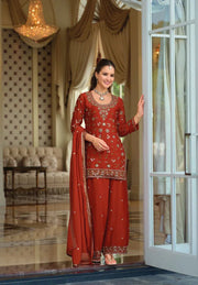 Eba T Burnt Orange Floral Embroidered Kurti Palazzo Set