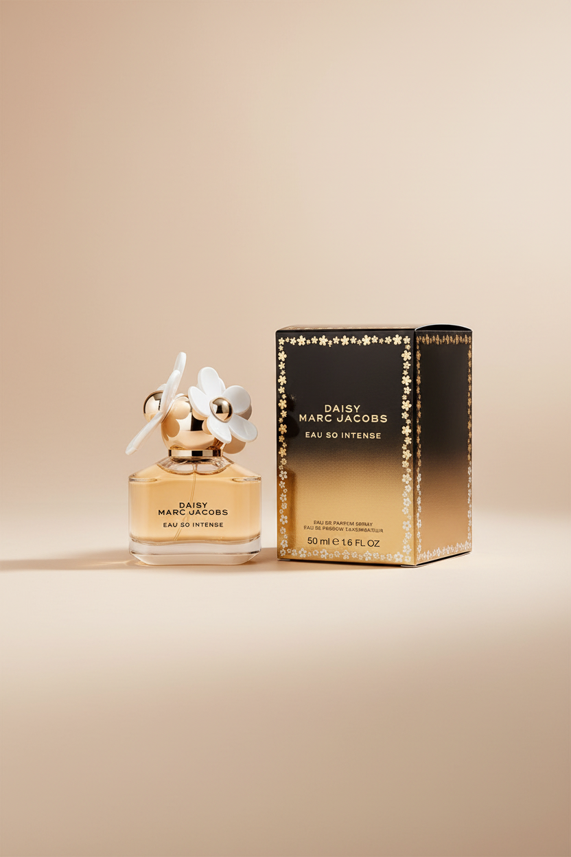 Daisy Marc Jacobs Eau So Intense perfume bottle and packaging on a white background
