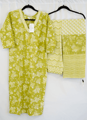 Lime Green Floral Cotton Kurti Set