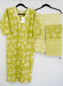Lime Green Floral Cotton Kurti Set