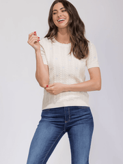 Cream Short Sleeve Knit Floral Detail Sweater