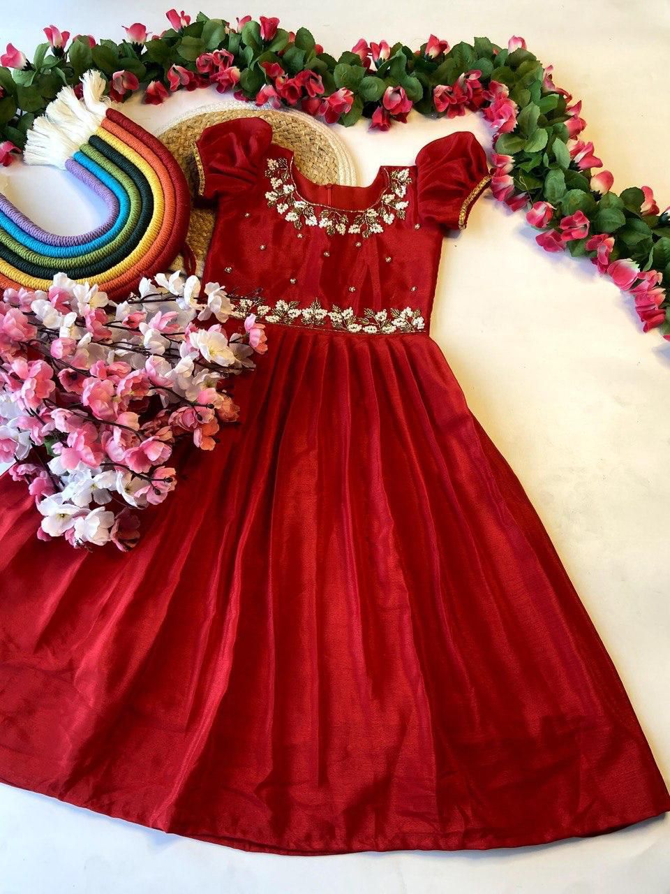 Elegant Red Embroidered Kids Party Wear Gown