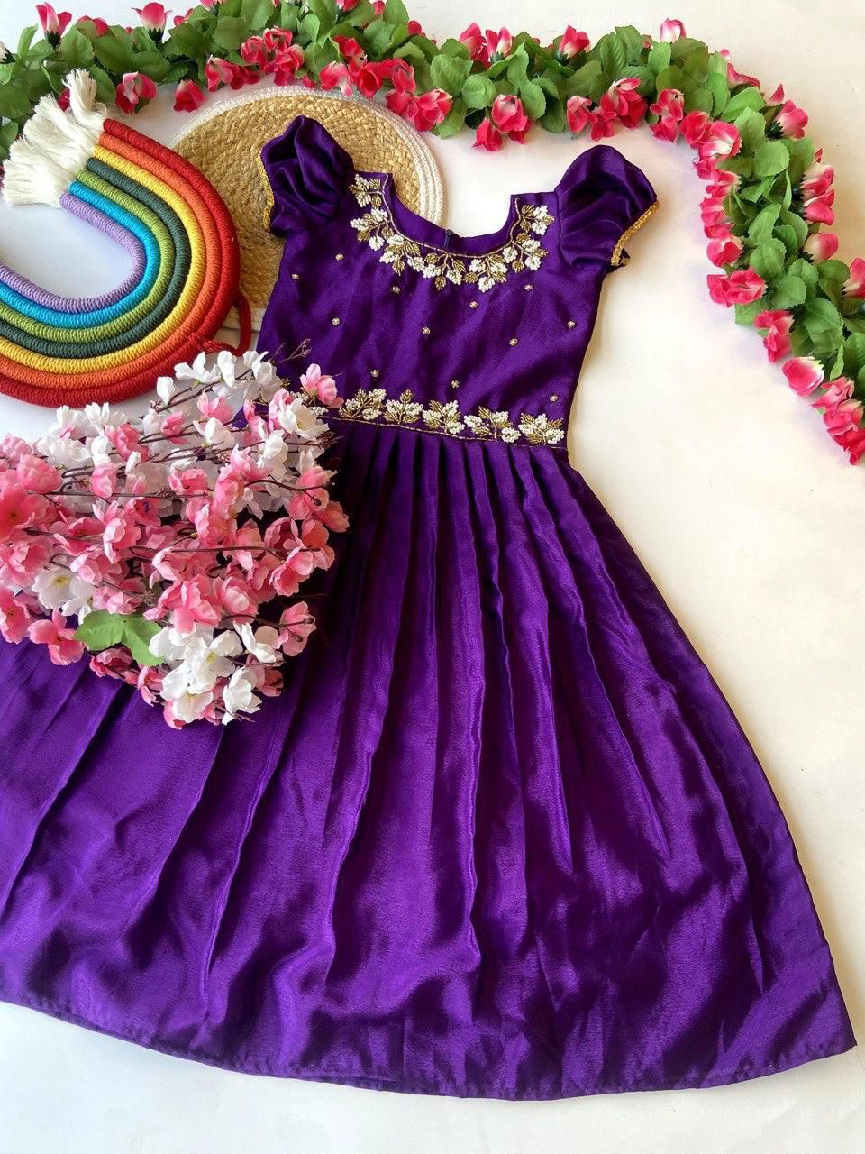 Royal Purple Embroidered Kids Party Wear Gown