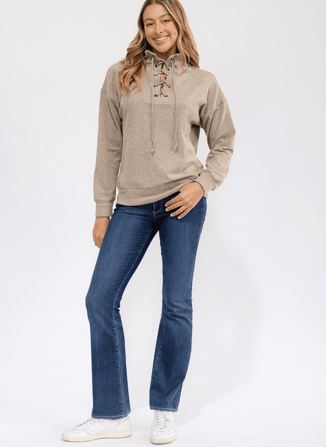 Taupe Lace-Up High Neck Pullover Sweater