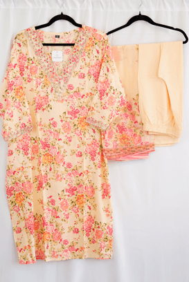 Ivory Floral Embroidered Kurta Set with Printed Dupatta