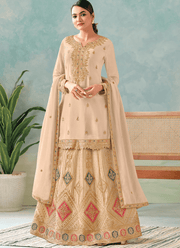 Beige Embroidered Kurti Lehenga Set with Dupatta