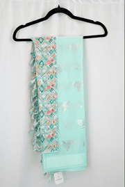 Mint Green Saree with Silver Foil Motifs and Multicolor Embroidered Tassel Border