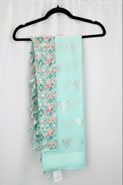 Mint Green Saree with Silver Foil Motifs and Multicolor Embroidered Tassel Border