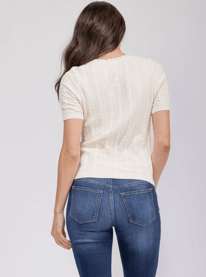 Cream Short Sleeve Knit Floral Detail Sweater