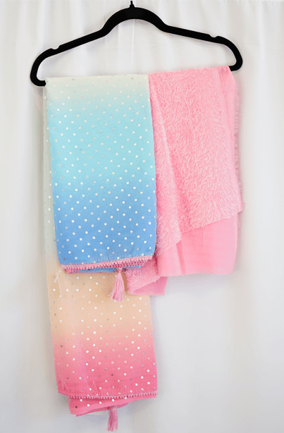 Pastel Blue & Pink Ombre Saree with Silver Polka Design and Textured Pink Blouse