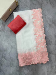 White with Peach Thread Work Organza Saree