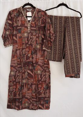 Brown Multicolor Printed Kurti Set with Mirror Work Detailing