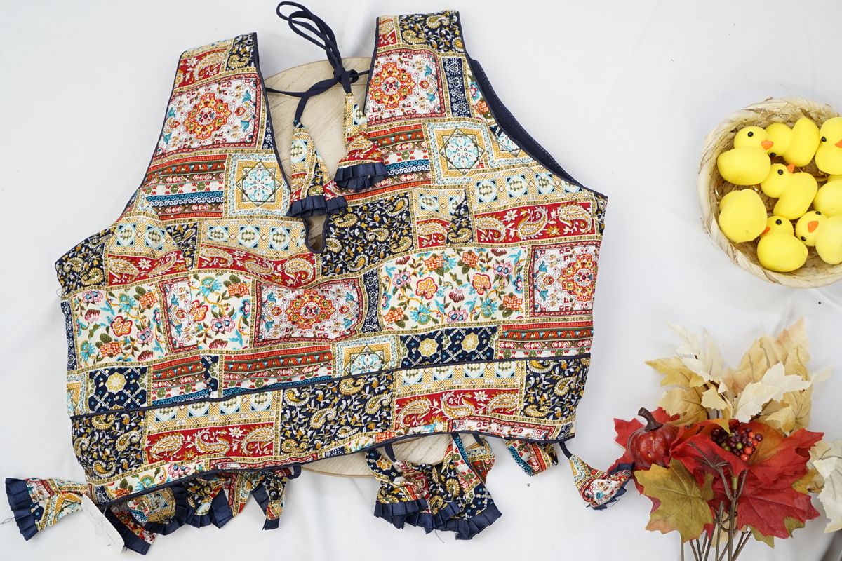 Multicolor Ajrakh Patch Print Cotton Blouse with Ruffle Tassels