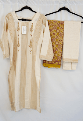 Beige & Mustard Striped Cotton Kurti Set