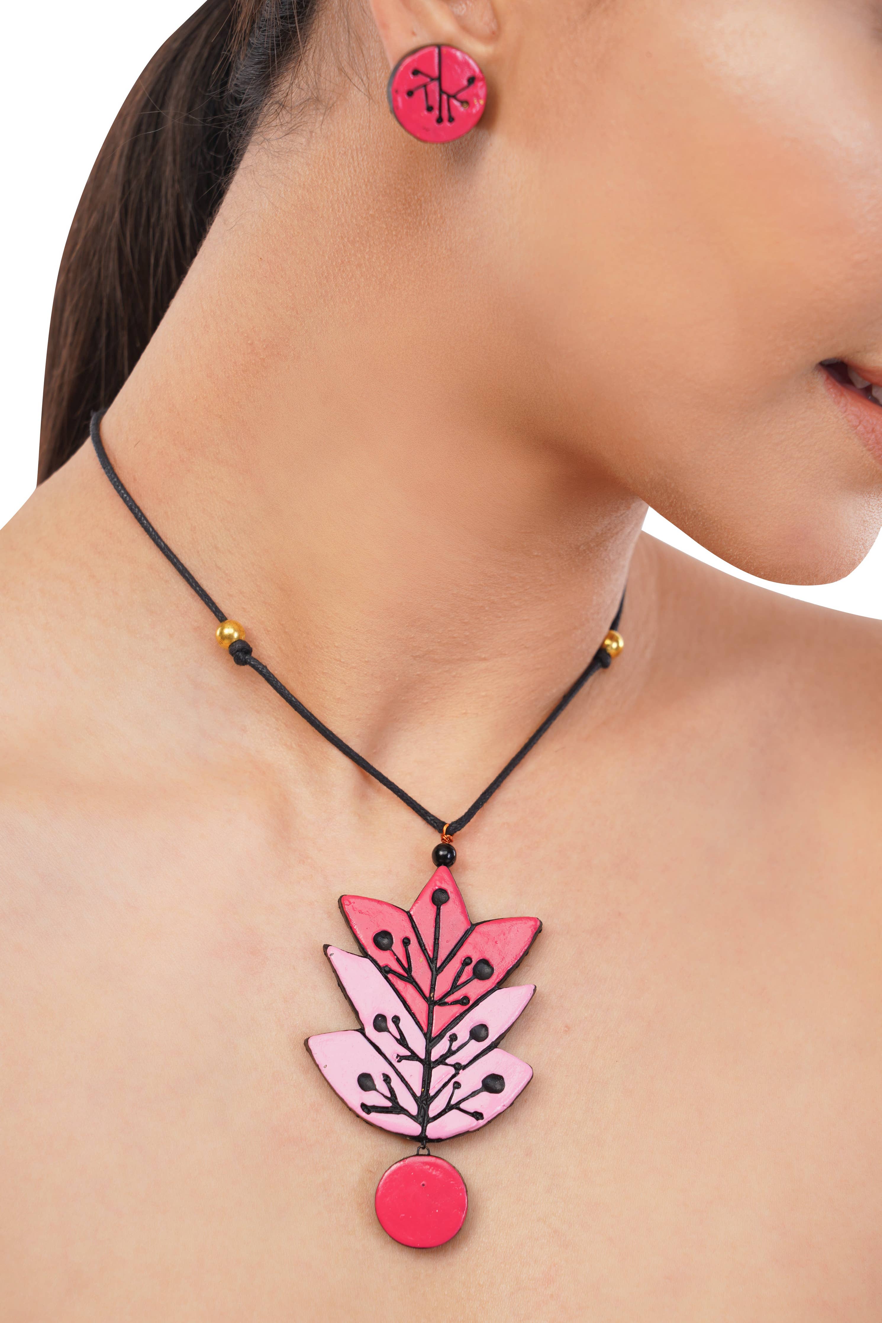 Pink Leaf Maple Jewelry Set | Clay Necklace and Earrings