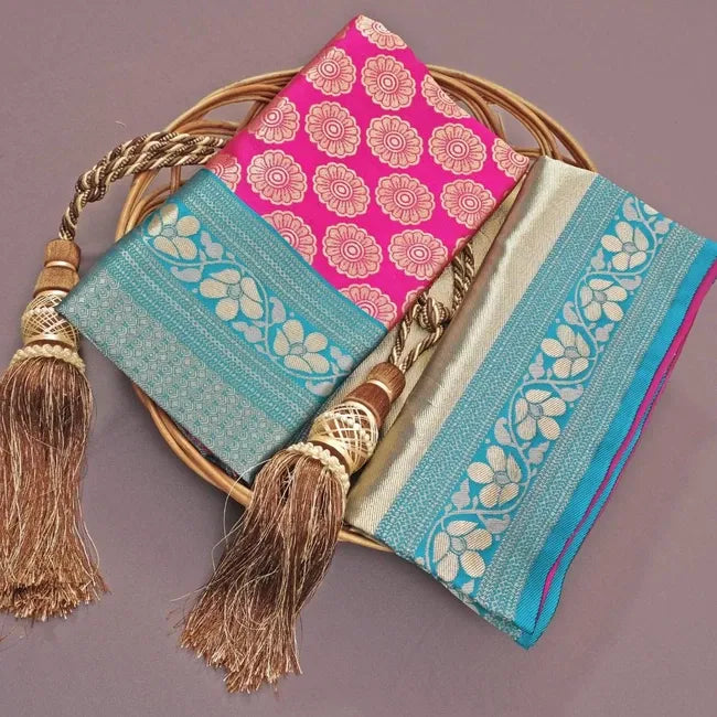 Pink With Blue Soft Silk Lichi Silk Fancy Saree