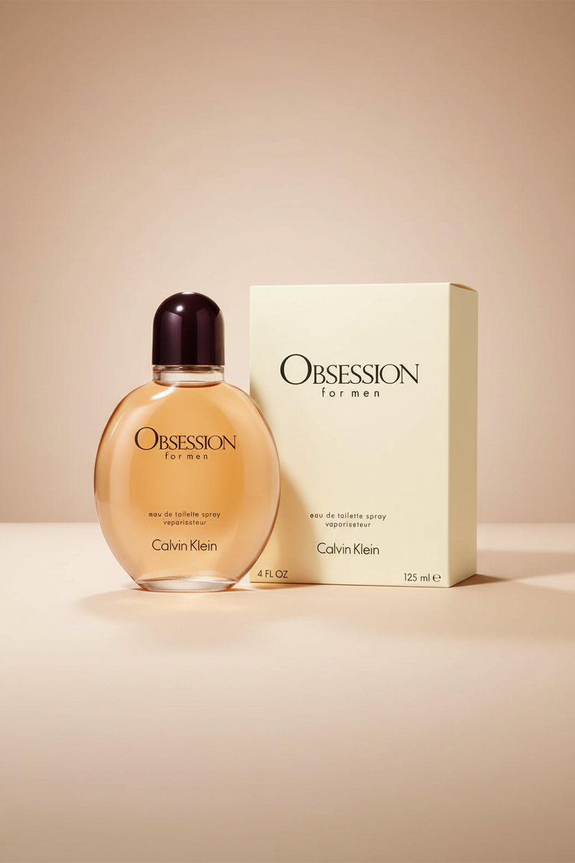 Calvin Klein Obsession for men perfume bottle and packaging on a white background