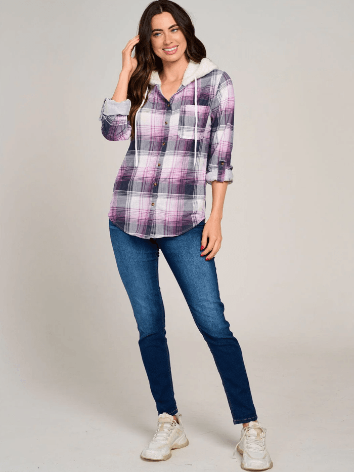 Women’s Cozy Plaid Button-Up Shirt with Sherpa Hood