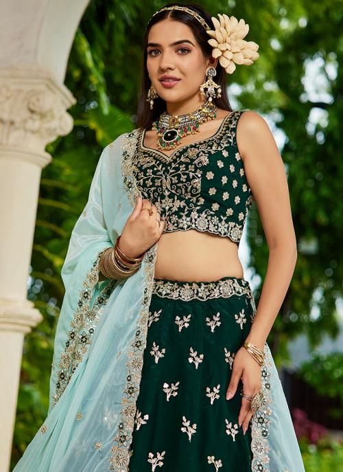 Dark Green Organza Sequin Work Wedding Wear Lehenga Choli