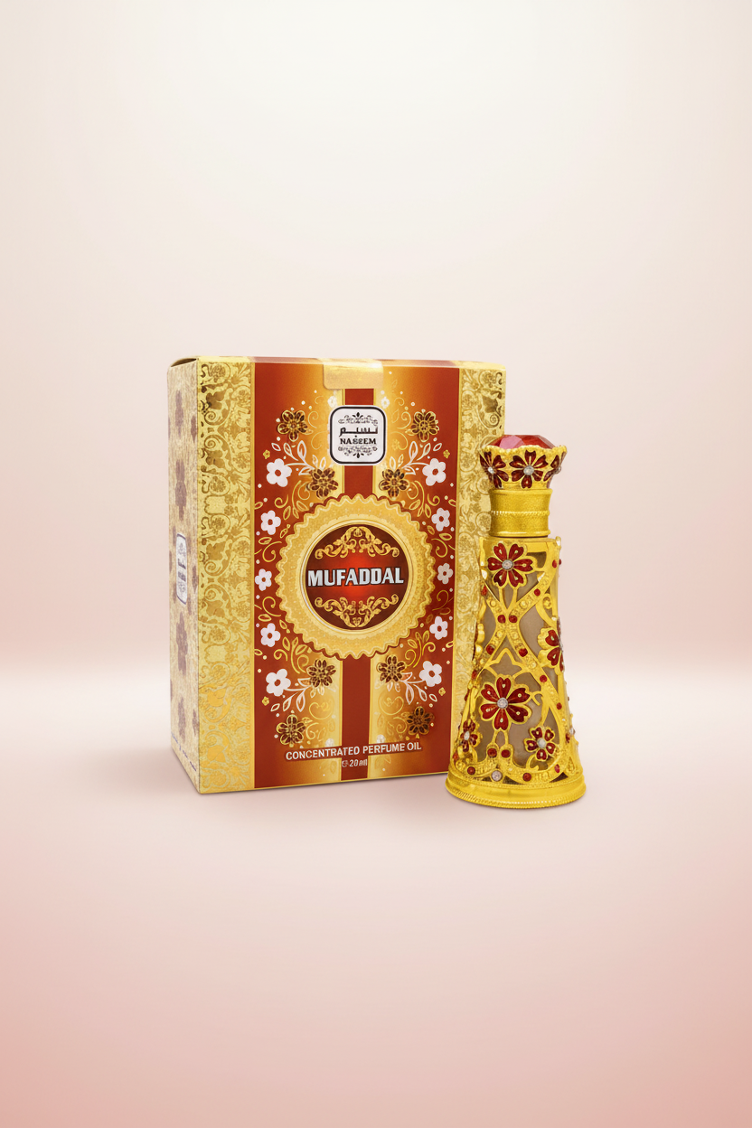 Decorative perfume bottle and packaging with 'Mufaddal' branding on a white background