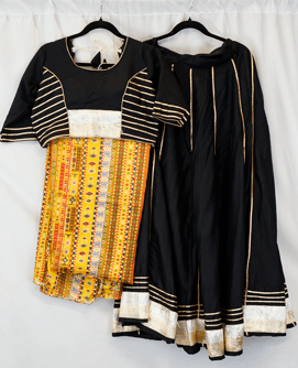 Black and Yellow Traditional Garba Lehenga Set with Golden Border and Multicolor Embroidery Dupatta