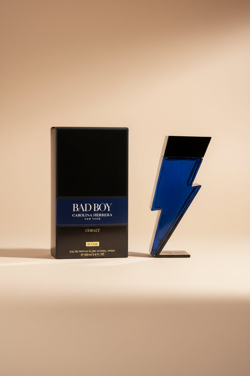 Carolina Herrera Bad Boy Cobalt perfume bottle and packaging on a white background
