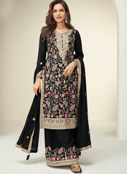Black Heavy Embroidered Kurta Palazzo Set with Dupatta
