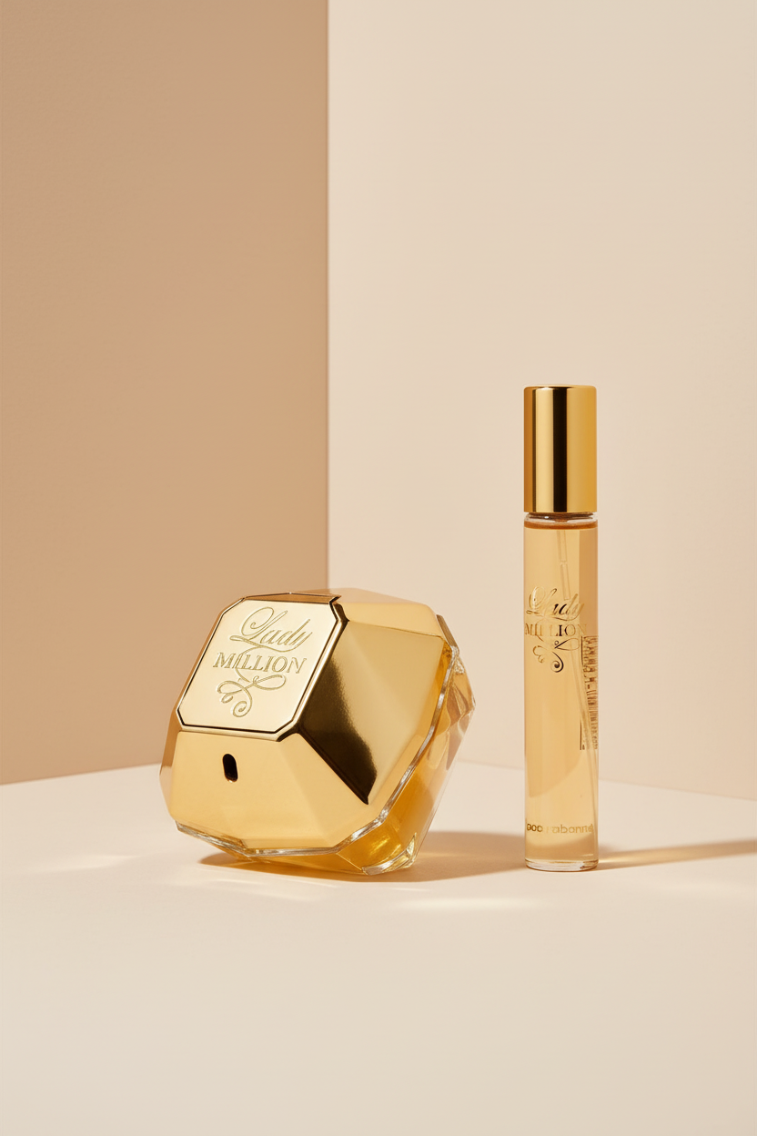 Gold and clear perfume bottle with 'Lady Million' branding on a white background