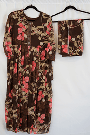 Chocolate Brown Floral Printed Georgette Dress with Matching Dupatta
