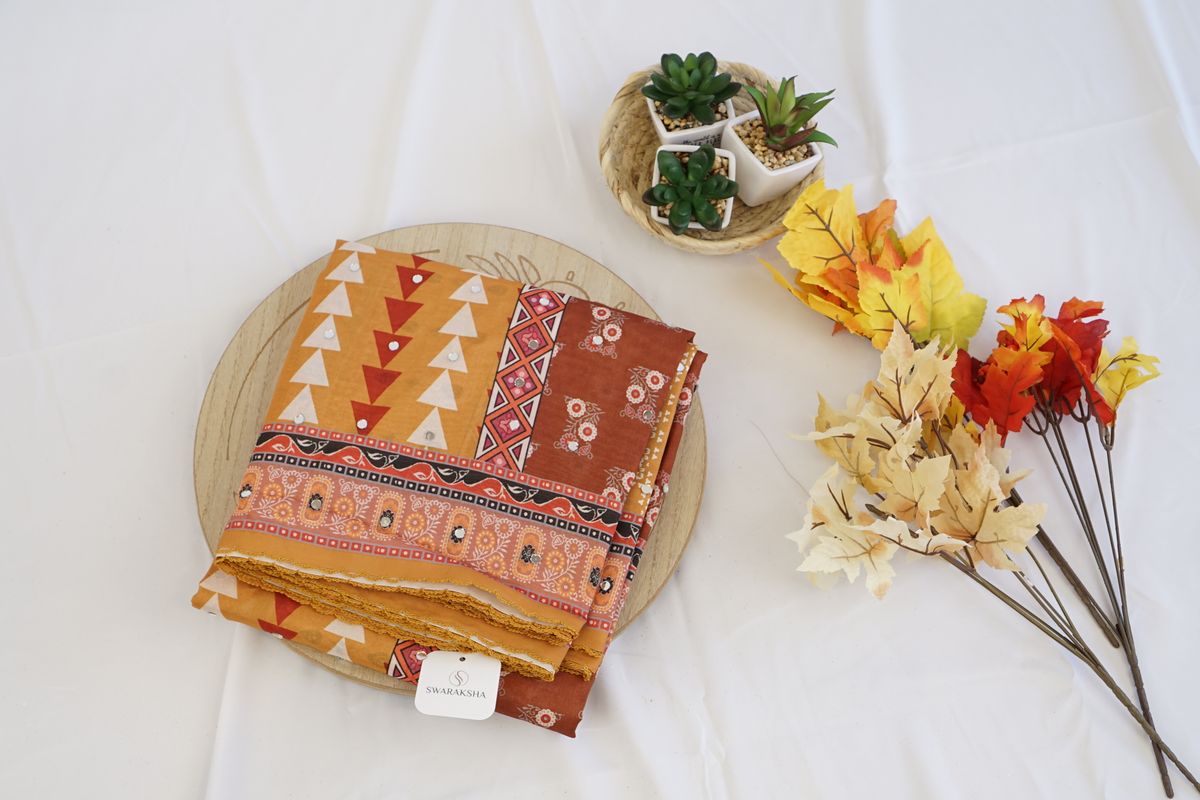 Rust & Mustard Geometric Printed Cotton Saree