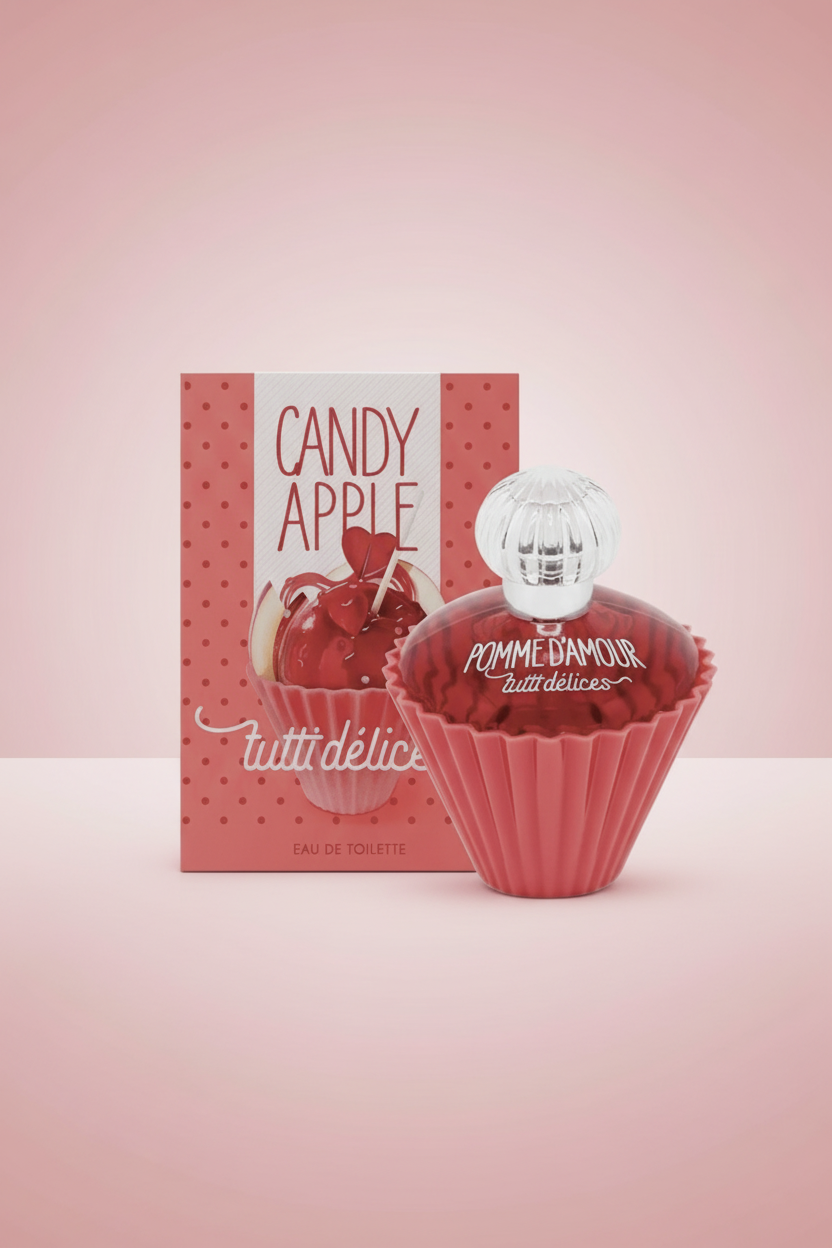 Red cupcake-shaped perfume bottle with 'Pomme d'Amour' text and matching box on a white background