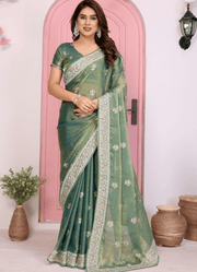 Green Fendi Chiffon Embroidery Work  Saree