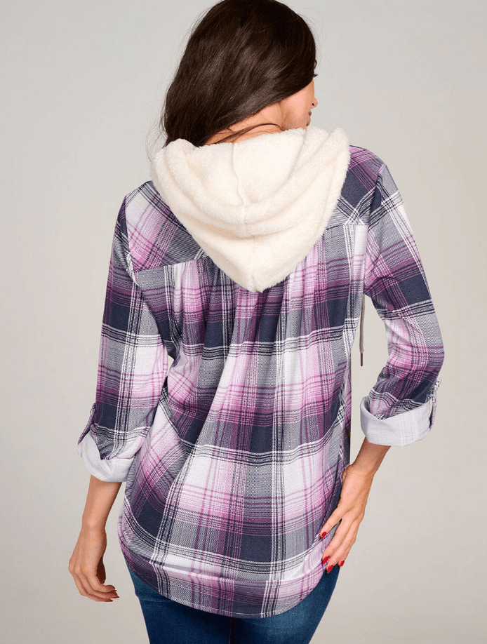 Women’s Cozy Plaid Button-Up Shirt with Sherpa Hood