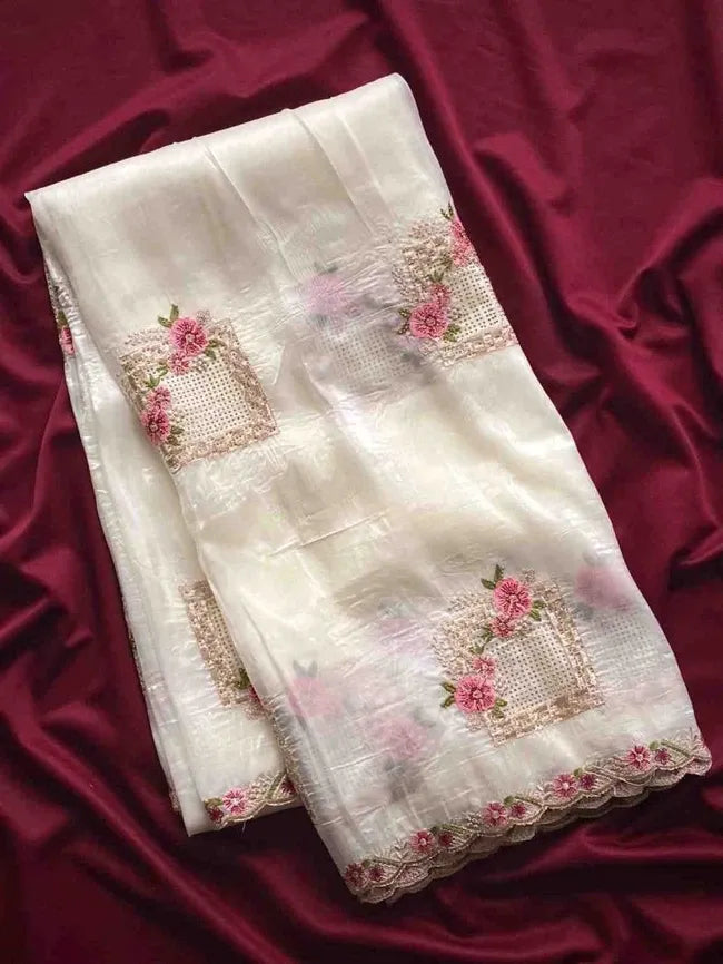 White Floral Embroidered Silk Crush Party Wear Saree