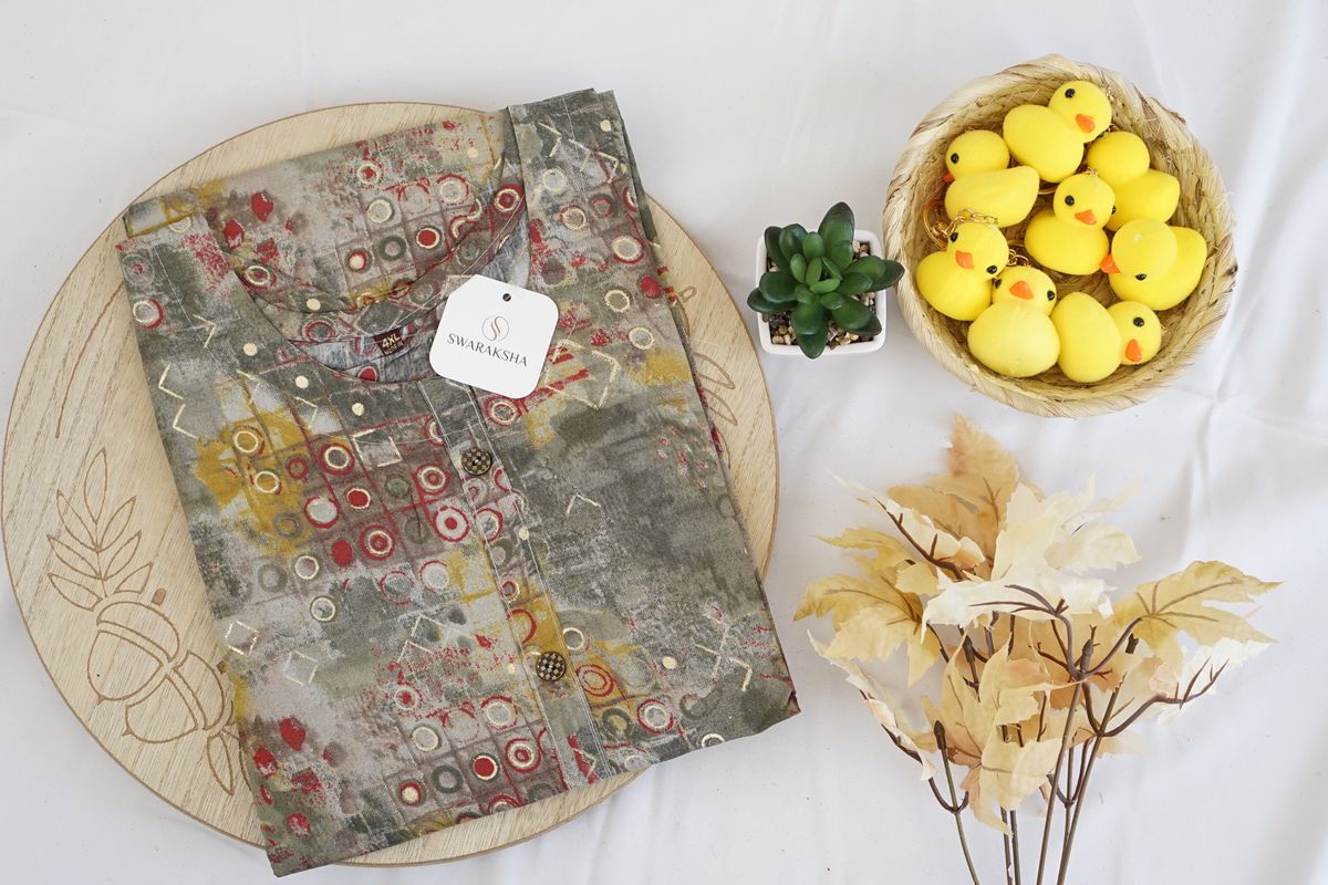 Olive Grey Abstract Printed Rayon Kurta