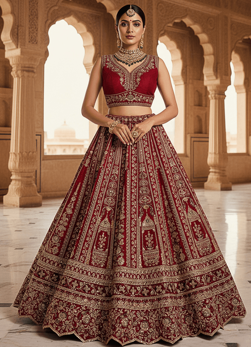 Royal Maroon Zari Weaving Bridal Lehenga Set